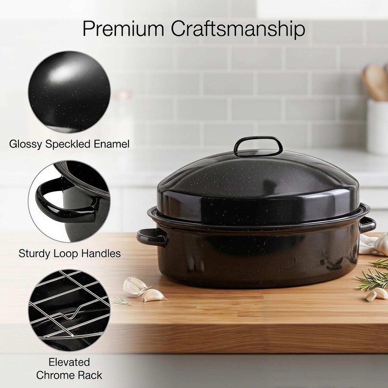 19.3" Large Roasting Pan with Rack and Lid, Granite Enameled