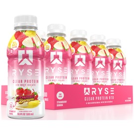RYSE Clear Protein Shake - Strawberry Banana - 100 Calories, 22g Whey Isolate Protein, Sugar-Free, 0g Fat & Lactose-Free - Refreshing Ready-to-Drink Beverage - 16.9 fl oz Bottles (12-Pack)