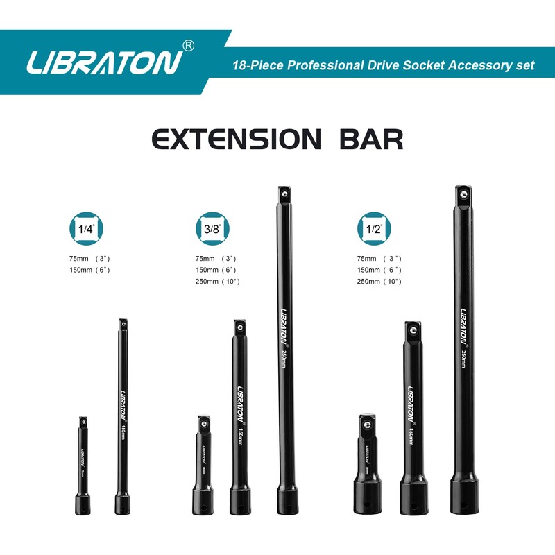 LIBRATON Socket Extension and Ratchet Set 18PCs - Impact Socket