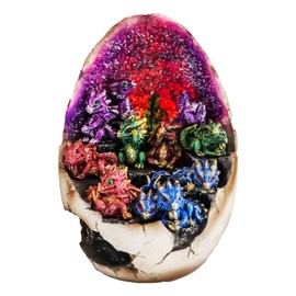 Ebros Purple Geode Crystal Quartz Dragon Egg LED Light Display Stand with 12 Metallic Colorful Baby Dragons Figurine Set