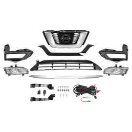 KUAFU Front Upper + Lower Grille + Fog Light Kit Compatible with 2017-2020 Nissan Rogue Bumper Radiator Hood Grill Assembly Plastic Chrome&Painted Black+Silvery+Clear Lens