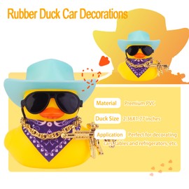 CoFuBcad 2PS Rubber Duck Dashboard Decoration, Yellow Duck Car Ornament Cute Accessory with Cowboy Hat Necklace Sunglasses Cool Prop for Dashboard Decorations (Black & Light Blue)
