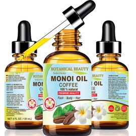 Botanical Beauty MONOI OIL COFFEE. Frangipani flowers in Coconut Oil with Coffee aroma. 100% Natural 4 Fl.oz - 120 ml Pure for FACE, SKIN, BODY, HAIR, NAILS. Luxury Beauty Oil