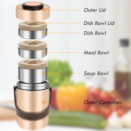 SSAWcasa Thermos for Hot Food, 3 Layered Stackable 67oz Insulated Lunch Box, Large Soup Thermos Jar with Lunch Bag Spoon Fork, Stainless Steel Travel Bento Container for Adults Office Outdoor Meals