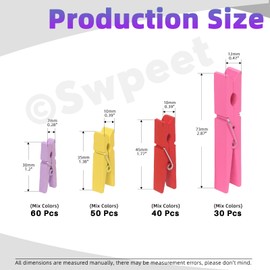 Swpeet 180Pcs 4 Colors 1.2" 1.4" 1.7" 2.8" Colorful Mini Natural Wooden Clothespins Birchwood Close Pins Assortment Kit, Strong Grip Multi-Purpose Colored Clothes Pins for Crafts, Clothes, Laundry