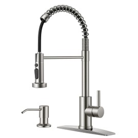 FORIOUS Kitchen Faucet with Soap Dispenser, Burhsed Nickel Stainless Steel Single Handle Spring Commercial Sink Faucet with Pull Down Sprayer for RV Camp Bar Farmhouse