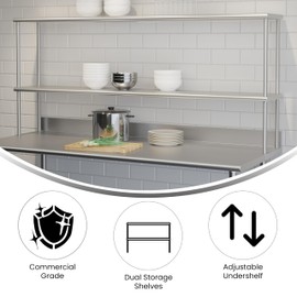 Flash Furniture Reese Commercial Metal Double Kitchen Overshelf, Two-Tier, Adjustable Shelf, 430 Stainless Steel, 18 Gauge, NSF Certified, 72" x 12"