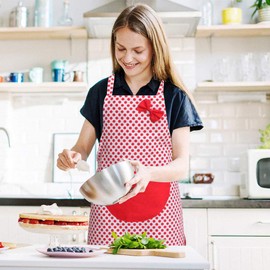 2pcs Retro Kitchen Aprons Dotted Cooking Salon Apron Bowknot Chef Apron Dress with Pocket for Woman Girl Restaurant Baking Painting Red