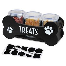 WGFKVAS Dog Treat Container Dog Food Storage Container for Countertop，Wooden Cat Food Storage Container with 3 Jars，Dog Treat Jar with Lid，Great Gift for Pet Dog Owners (Black)