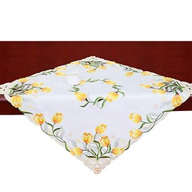 Simhomsen Small Embroidered Tulip Floral Square Tablecloth for Spring and Easters, Toppers, Tablecovers for End Table, Tea Table, Coffee Table and Nightstand (Yellow, 33 × 33 Inch)