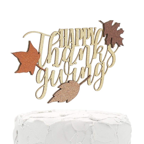 NANASUKO Cake Topper - HAPPY thanksgiving - Double Sided gold glitter with fall colors leaves - Premium quality Made in USA