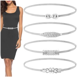 Realand 4 Pack Women Silver Skinny Waist Belt for Dress, Elastic Metal Chain Belt Fashion Rhinestone Pearl Thin Stretchy Cinch Belt Waistband, Silver