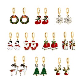 Just Follow 10 Pairs Christmas Hoop Huggie Earrings for Women Christmas Stud Earrings Christmas Trees Bells Snowflakes Earrings Thanksgiving Xmas Holiday Jewelry (10 Pairs-Gold)