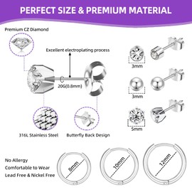 Nunpag 24 Pcs Ear Piercing Kit Ear Disposable Piercing Gun Kit Includes 6 Pcs Self Piercing Gun 12 Pcs Cubic Zirconia Earrings Stud Hoop Earrings Easy-to-Use Ear Piercer Kit Tool Silver