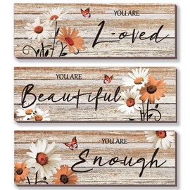 ONIZHITY 3 Pcs Orange Bathroom Decor Daisy Floral Wooden Positive Quotes You Are Beautiful Wall Art Girl Bedroom Decor for Teacher Women Living Room(Orange Daisy 12x4)