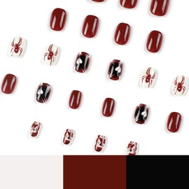 Short Press on Nails Coffin Shape Fake Nails,Glossy Solid Red Stick on Nails,Spider Heart Design False Nails with Glue on Nails,Reusable Full Cover Artificial Nails for Women DIY Manicure Decorations