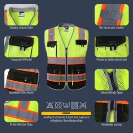 JKSafety Safety Vest for Men Women Hi Vis with Pockets and Cushioned Collar Reflective High Visibility Vest Class 2 Meet ANSI Standard YellowBlack Color Extended Orange Strips (BX360-YBLK L) 1 Piece