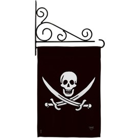 Calico Jack Rackham Garden Flag Set Wall Holder Coastal Pirate Ship Skull Treasure Map Carribean Jolly Blackbeard Small Decorative Gift Yard House Banner Made In USA 13 X 18.5