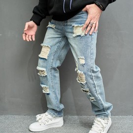 Men High Street Stylish HipHop Holes Loose Straight Jeans Trousers Vintage Male Ripped Cotton Casual Denim Pants - Color: blue, Size: 34