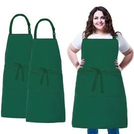 MissOwl Plus Size 2 Pack Adjustable Water Resistant Long Ties Apron with 2 Pockets Thick Canvas Cooking Kitchen Extra Wide Chef Aprons for Women Men Green