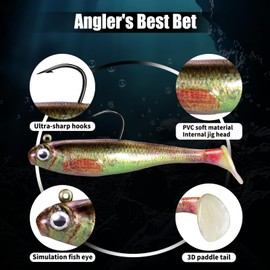 FishTrip 6Pcs Paddle Tail Swim Baits, Pre-Rigged Jig Heads Soft Fishing Lures, 3D Eyes Swimbait with Hooks for Bass Fishing Saltwater Freshwater for Bass Trout Walleye Crappie