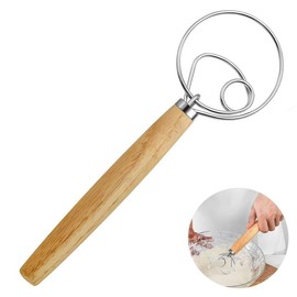 Danish Dough Whisk Bread Making Tools, Wooden Bread Whisk with Stainless Steel Dough Whisk Dutch Style Bread Dough Hand Mixer Danish Whisk Bread Making Accessories