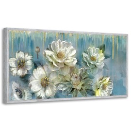 Ardemy Flowers Teal Wall Art Canvas Magnolia White Floral Picture Textured Painting Modern Turquoise Artwork for Living Room Bathroom Bedroom Home Office Wall Decor, Large Wood Grain Framed 58"x29"