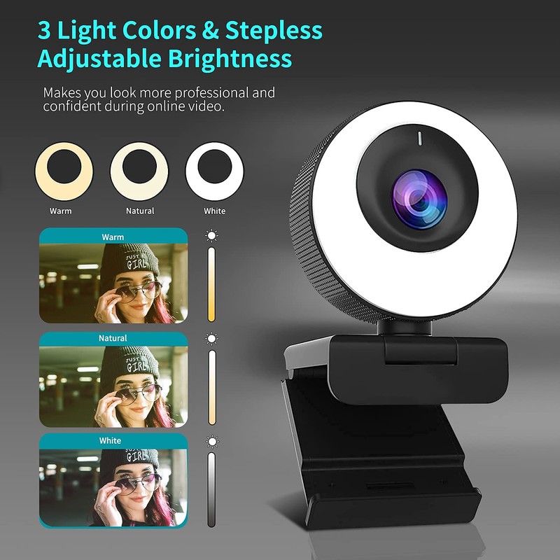 60FPS 1080P Auto-Focus HD Webcam with Ring Light and Privacy
