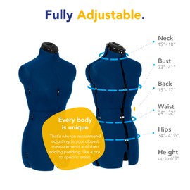 Adjustoform Sew Deluxe FG372 Adjustable Dress & Pants Form Sapphire S-M (US Dress Size 4-12) 8 Part Female Sewing Mannequin + Pin Grip Hem Marker