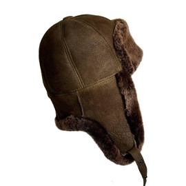 Leather Aviator Russian Ushanka Trapper Shearling Sheepskin Fur Ear Flap Waterproof Winter Hat (US, Alpha, Small, Brown)