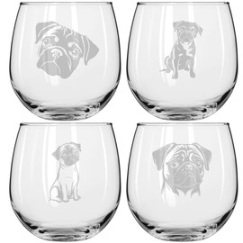 MIP Set of 4 Wine Glass for Red or White Wine Gift Pug Collection (16 oz Stemless)
