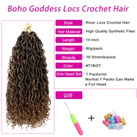 Faux Locs Crochet Hair 14 Inch Boho Goddess Locs Crochet Hair 7 Packs Pre Looped Crochet Hair for Black Women River Locs Crochet Hair with Curly Ends (14 Inch 7 Packs, 1B/27)