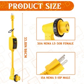 Relaxweex 30 Amp to 110 Volt Rv Adapter with Surge Protector 4200j 5-15p to L5-30r Rv Adapter with Locking Connector Grip Handle Circuit Analyzer Power Cord 33.8 Inch for Camper Travel Trailer