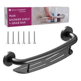 HEALTHCRAFT Plus 2-in-1 Shampoo Shelf and Grab Bar (19.5 Inch) | ADA Compliant Bathroom Safety Grab Bar for Seniors, Wall-Mounted, Supports Up to 500 lbs, Matte Black