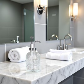 Glass Pump Soap Dispenser, 350ML Kitchen Hand Soap Dispenser Sour Cream Dispenser Rustproof Pump Dispenser for Kitchen Bathroom ((Maple Leaf Pattern on Silver Nozzle)