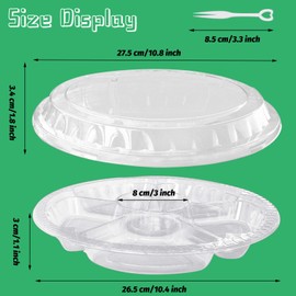 12 Pack Plastic Appetizer Trays with Lids,6 Compartment Serving Platters Tray with 100 Pcs Forks,Disposable 10 Inch Clear Round Fruit Storage Container for Snack,Food,Vegetable,Party Buffet Favors