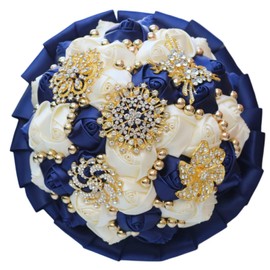 Gkvszy Bridal Wedding Bouquet with Gold Brooch Rhinestone Pearl Satin Rose Flower Bouquet for Bride Bridesmaid Quinceanera Wedding Navy Blue and Ivory 7.1in