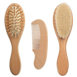 MOMI Baby Brush, Baby Comb, Baby Supplies, Set of 3, Natural Material, Goat Wool, Scalp Massage, Smooth, Baby Gift