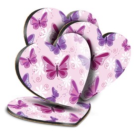Destination Vinyl ltd Great Coasters (Set of 4) Heart - Purple Pink Butterflys Butterfly Drink Glossy Coasters/Tabletop Protection for Any Table Type #13090