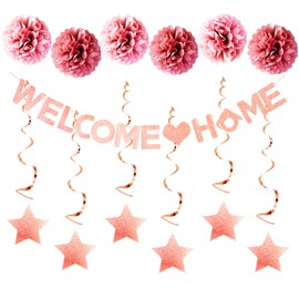 Welcome Home Decorations Rose Gold With Welcome Home Bunting Banner Star Swirls Tissue Pom Poms For Happy New Home Family Party Decorations Party Supplies