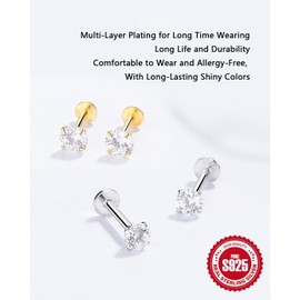 JIAINUS 2 PCS 925 Solid Silver Flat Back Studs Earrings 16G Cartilage Helix Piercings Cubic Zirconia Internally Threaded Lip Labret Conch Tragus Screw 3/4/5/6mm Ear Ring Gifts for Her 14K Whitegold Plated