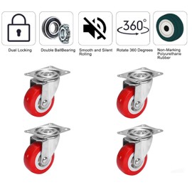 Youery Furniture Castors, Heavy Duty, 38 mm Swivel Castors with Brakes, Heavy Duty Castors Set, Quiet Swivel Castors, Polyurethane Transport Castors Wheels for Furniture without Traces Castors for