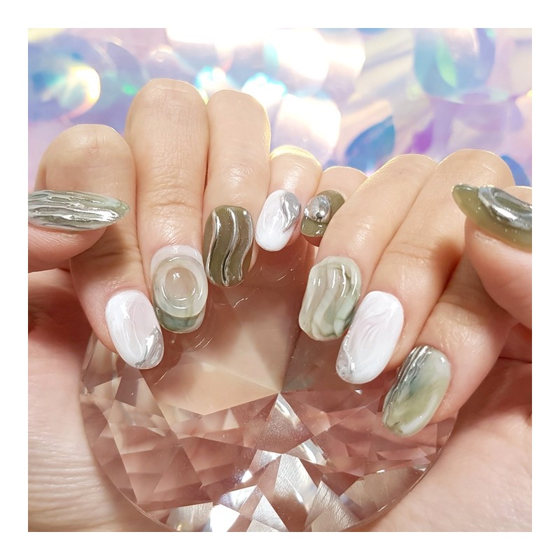 Green Latte Handmade Nail Tips - Petit Square / 그린라떼