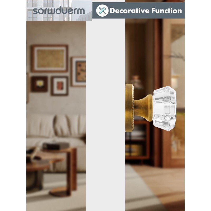 SORWDUERM Antique Brass Door Knobs Crystal Door Knob Dummy Door