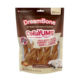 DreamBone CollaYUMS Twists Plus Collagen Chews for Dogs, 10 Count, Treat Your Dog to Rawhide-Free Chews Made with Chicken, Vegetables and Peanut Butter