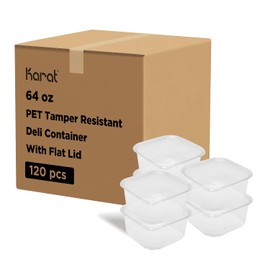 Karat [64oz - 120 ct PET Tamper Proof Square Deli Containers with Flat Lid - Stackable, Clear Food Storage for Kitchen, Meal Prep, Dog Treats - Recyclable, Freezer Safe