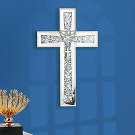 Aeveco Silver Mirrored Wall Cross 15×10 inch, Crystal Crush Diamond Cross for Wall, Living Room, Bedroom, Home Decor