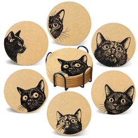Cegkuc Coasters for Drinks with Holder Set of 6,Curious Cat Absorbent Cork cat Coaster for Cup Desk Office Table Kitchen Decor House Warming Gifts for New Home Couples, Round 4"