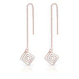 DTPsilver® 925 Sterling Silver Rose Gold Plated Pull Through/Thread Style Drop Chain Earrings and Square Swirl Spiral - Length: 82 mm - Spiral Diameter: 12 mm