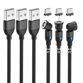 Bojianxin Magnetic Charging Cable Type C (3 Pack, 1.6ft/3.3ft/6.6ft), 540° Rotation Magnet Charger Cable USB C Phone Charger Compatibility with Type C Phone/Tablet/Laptop Devices (Black)